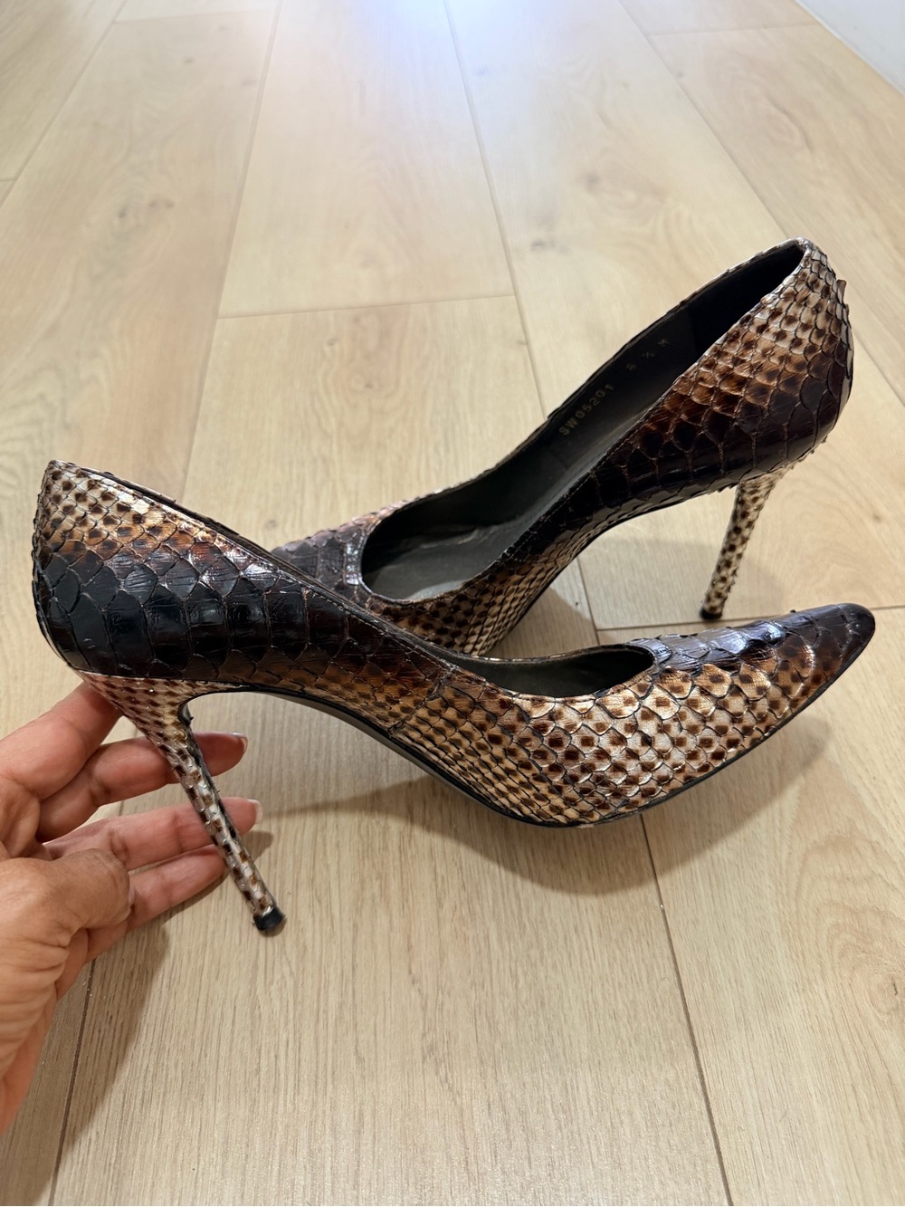 Stuart Weitzman Brown Snake-Effect Pointed Toe Heels